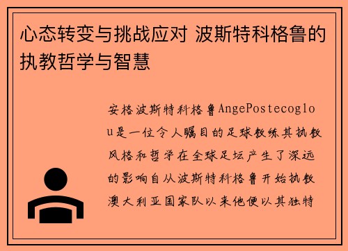 心态转变与挑战应对 波斯特科格鲁的执教哲学与智慧
