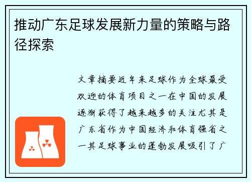 推动广东足球发展新力量的策略与路径探索