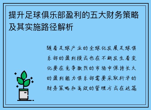 提升足球俱乐部盈利的五大财务策略及其实施路径解析