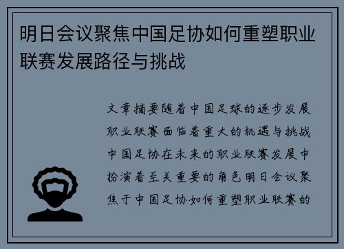 明日会议聚焦中国足协如何重塑职业联赛发展路径与挑战 明日会议聚焦中国足协如何重塑职业联赛发展路径与挑战