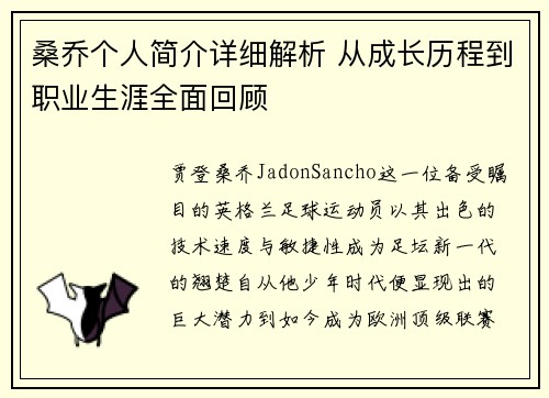 桑乔个人简介详细解析 从成长历程到职业生涯全面回顾